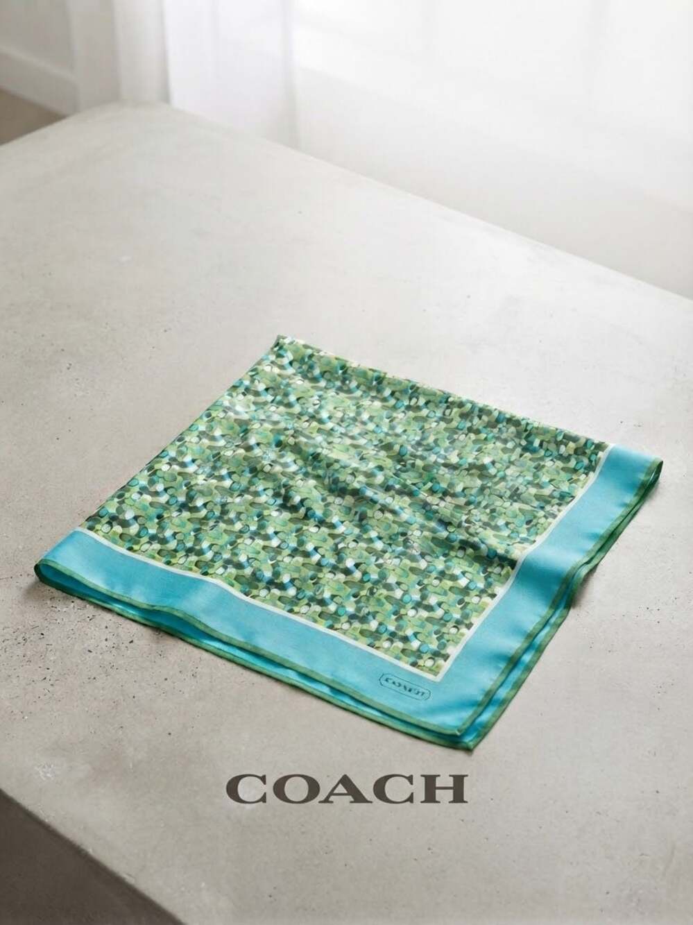 COACH Vintage Silk Scarf Geometric Mod Oval Print Blue Green Headwear